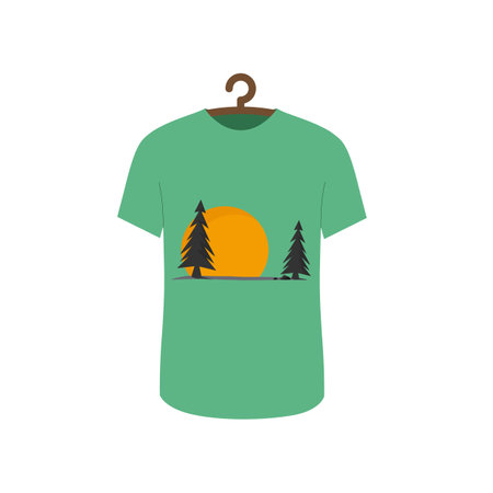 Green t-shirt with a stunning sunset nature. Unisex shirt vector illustrationのイラスト素材