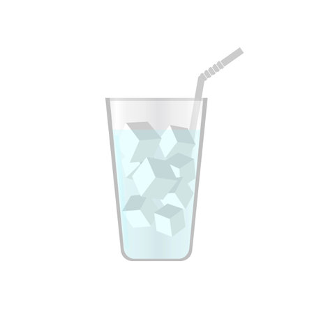Water in a glass with ice cubes and a bending straw. Flat vector illustrationのイラスト素材