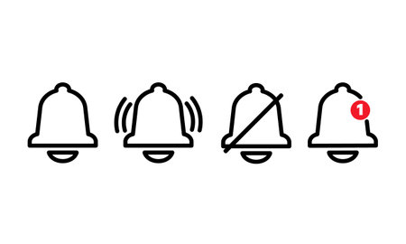 Set of bell notification line icon. Vector illustration of bell icons with the different status. New...