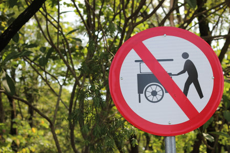 Prohibition sign for selling on right side of frame view. Symbol that mean forbid people to sell thingsの写真素材