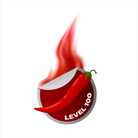 Spicy food level icon with red flame. Extra hot red chili signのイラスト素材