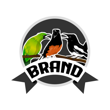 Bird emblem logo. Chloropsis cyanopogon, Copsychus malabaricus, Copsychus saularis. Chirping bird farm logoのイラスト素材