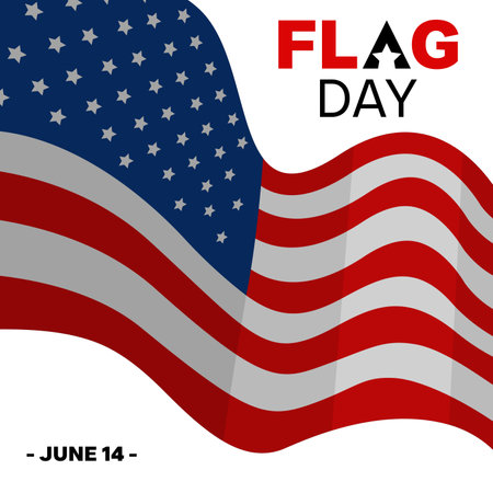 Flag Day banner design. Flag Day, June 14. American flag flying on a white backgroundのイラスト素材