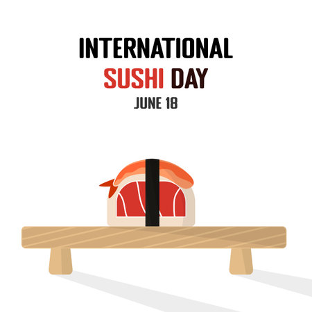 International Sushi Day banner template, June 18. The Japanese food of rice, meat, and shrimp is called sushi. Sushi on a wooden table baseのイラスト素材