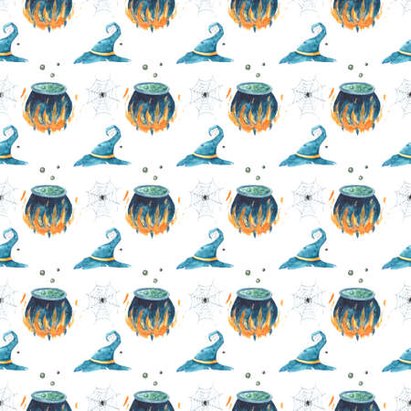 Watercolor Halloween seamless pattern. Cobweb, cauldron witch, wizards hat. Hand painted on white background.の写真素材