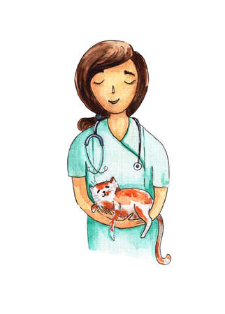 The vet holds the cat in his arms. Watercolor illustration.の写真素材