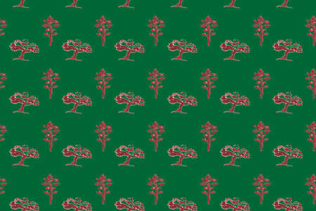 Pine, acacia drawn markers illustration ,seamless pattern on green background.の写真素材