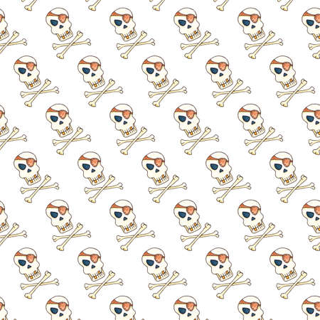 Jolly Roger with eyepatch logo template. Evil skull watercolor illustration. Seamless pattern on white backgroundの写真素材