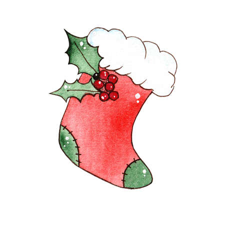 Watercolor Christmas icons with Christmas decorations.Hand-drawn on paper.の写真素材