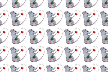 Seamless pattern with funny Christmas mice. Hand drawn illustration with alcohol-based markers.の写真素材