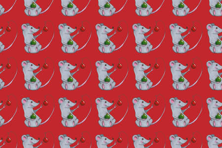 Seamless pattern with funny Christmas mice. Hand drawn illustration with alcohol-based markers.の写真素材