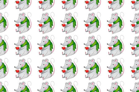 Seamless pattern with funny Christmas mice. Hand drawn illustration with alcohol-based markers.の写真素材