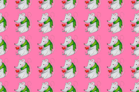Seamless pattern with funny Christmas mice. Hand drawn illustration with alcohol-based markers.の写真素材