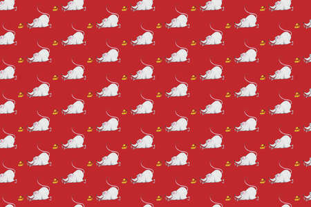 Seamless pattern with Christmas mice on red background. Hand drawn illustration with alcohol-based markers.の写真素材