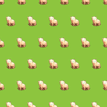 Seamless pattern with brown bear, watercolor illustration on a green background.の写真素材