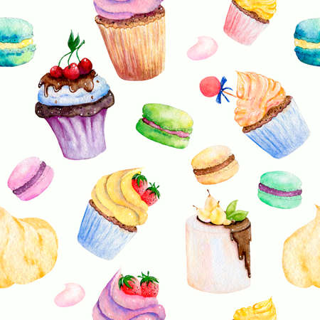 Seamless pattern with watercolor cakes and macaroons on a white background.の写真素材