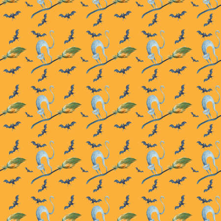 Watercolor Halloween seamless pattern. Hand painted magic symbols on orange background. Cat, bat, broom, owl, wizards hat. Holiday design.の写真素材