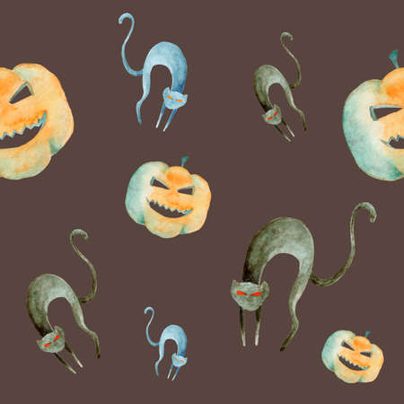Seamless pattern with pumpkins and cats. Watercolor Halloween pattern on a brown backgroundの写真素材