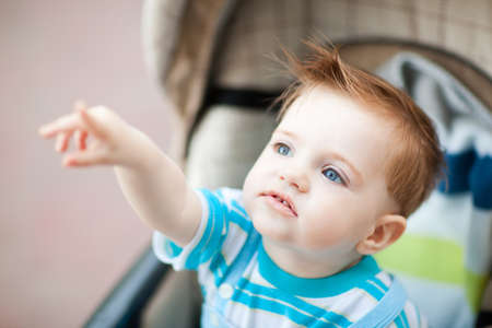 caucasian 1 year old boy sitting in baby carriage and pointing finger on somethingの写真素材