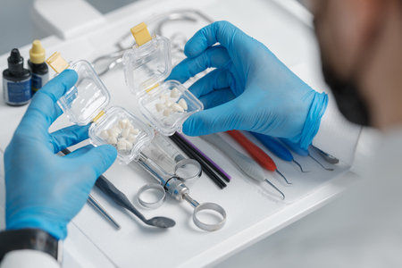 Transparent transportation box with veneers made of pressed ceramics in hands of orthodontist in a...