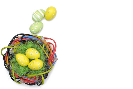Easter eggs and nest of internet cables on white backgoundの写真素材