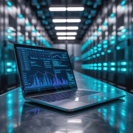 A high-tech laptop rests on a reflective surface in a brightly lit server room, its screen filled with complex data charts and graphs. Rows of servers with vibrant blue lights create a futuristic and immersive atmosphere, symbolizing advancements in data analysis, artificial intelligence, and technological progress in the digital age. The scene evokes a sense of cutting-edge innovation and information processing.の素材