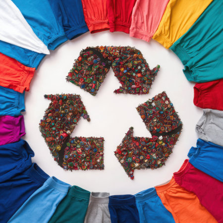 A vibrant circular arrangement of various colored fabrics frames a central recycling symbol. The symbol itself is thoughtfully constructed from natural, textured materials, emphasizing a commitment to sustainability and eco-friendly practices within the textile and fashion industries. This imagery powerfully conveys the message of circularity, renewal, and responsible consumption in a visually engaging and impactful way.の素材