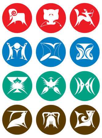 Set of silhouette images of twelve zodiac signs broken down into the elements of fire, earth, air, and waterのイラスト素材