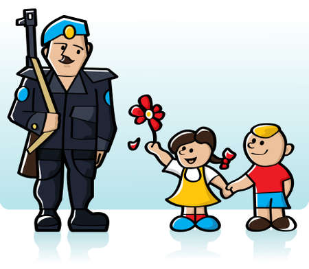 Two kids holding hands and giving a flower to a peacekeeper soldierのイラスト素材