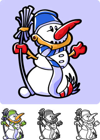 New Year snowman dressed in a striped scarf, mittens, and top bucket, holding a broomのイラスト素材
