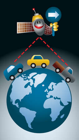 Cartoon-style illustration of a GPS satellite showing the direction to a string of cars moving on planet earthのイラスト素材