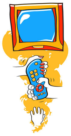 Family members fighting with each other over control of the television remoteのイラスト素材