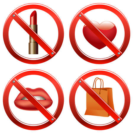 Set of signs banning a number of things like use of cosmetics, freedom of speech, manifestation of feelings, and shoppingのイラスト素材