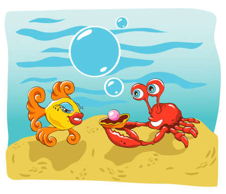 illustration of a happy crab giving a pearl gift to a fish on her birthday, or maybe proposing marriageのイラスト素材