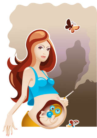 Abstract illustration of smoking pregnant woman with her unborn child wearing a protective mask to protect himself from cigarette smokeのイラスト素材