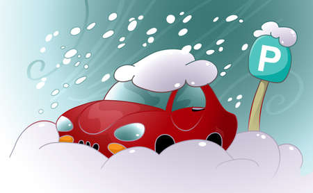 Vector illustration of a car stuck in the snow and ice in the parking lotのイラスト素材