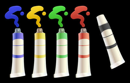 Set of paint tubes and blots on black backgroundのイラスト素材