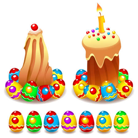 Set of Easter cakes and colorful painted Easter eggsのイラスト素材