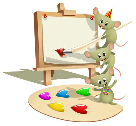   illustration of a wooden easel with blank canvas and funny stacking mice, top mouse holding a paintbrush. The palette paint wells are heart-shaped in case you might want to use the illustration as a valentines cardのイラスト素材