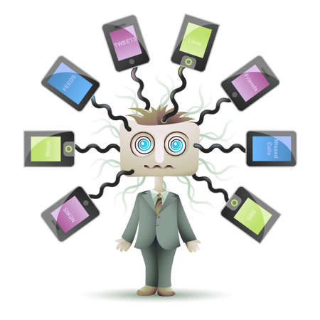 Social networking guy with square head and dizzy eyes, plugged into cyberspaceのイラスト素材