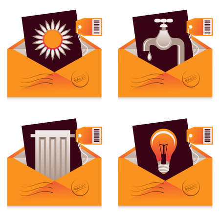 Collection of mailed bills for water, electricity, heating and gas consumptionのイラスト素材