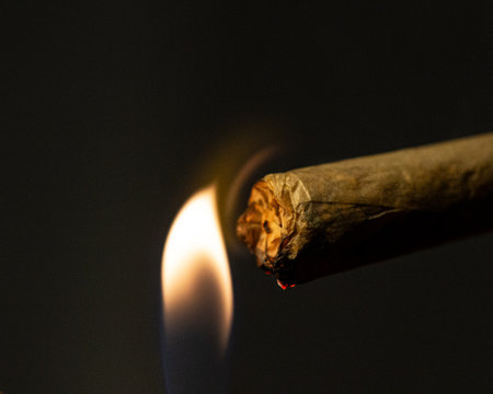 Macro shot of lighting a rolled cigarette isolated on the black background with flames.の写真素材
