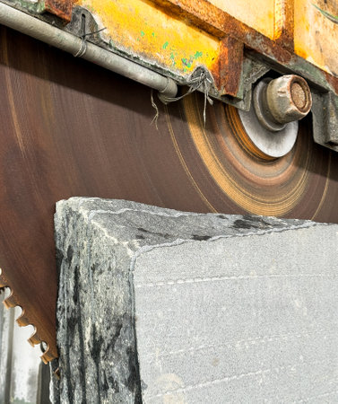 A closeup side photo of a granite block cutter.の写真素材