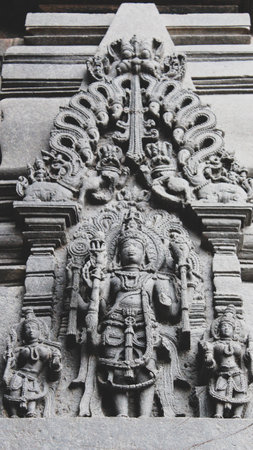 Closeup shot of an artwork and stone carvings at The Chennakeshava Temple in Belur taluk in Hassan...