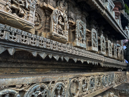 Closeup shot of an artwork and stone carvings at The Chennakeshava Temple in Belur taluk in Hassan district of Karnataka,Indiaの写真素材