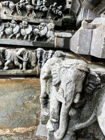 Closeup shot of an artwork and stone carvings at The Chennakeshava Temple in Belur taluk in Hassan district of Karnataka,Indiaの写真素材