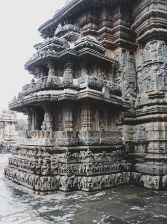 Closeup shot of an artwork and stone carvings at The Chennakeshava Temple in Belur taluk in Hassan district of Karnataka,Indiaの写真素材