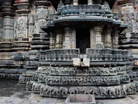 Closeup shot of an artwork and stone carvings at The Chennakeshava Temple in Belur taluk in Hassan district of Karnataka,Indiaの写真素材