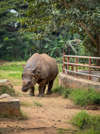 Close up shot of The Indian rhinoceros also known as the greater one horned rhinoceros.の写真素材