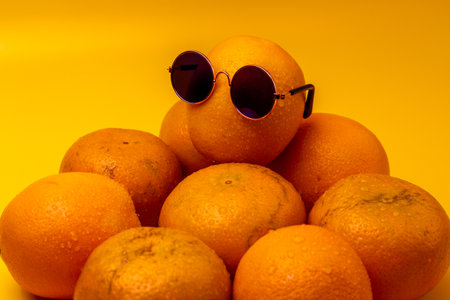 Orange with sunglasses sitting on top of orange isolated on a yellow backgroundの写真素材